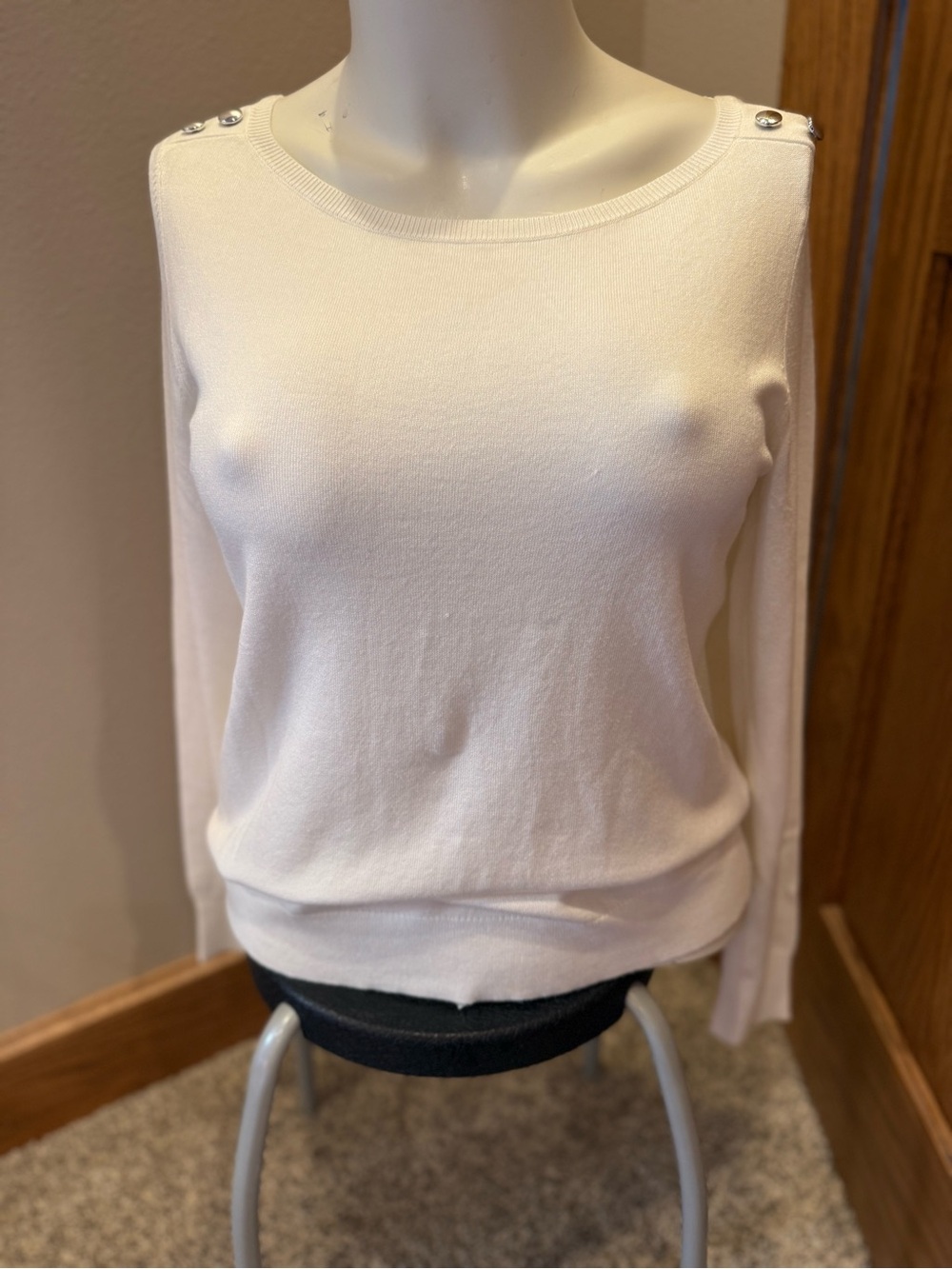 White House Black Market Ivory Crewneck Sweater with Shoulder Buttons